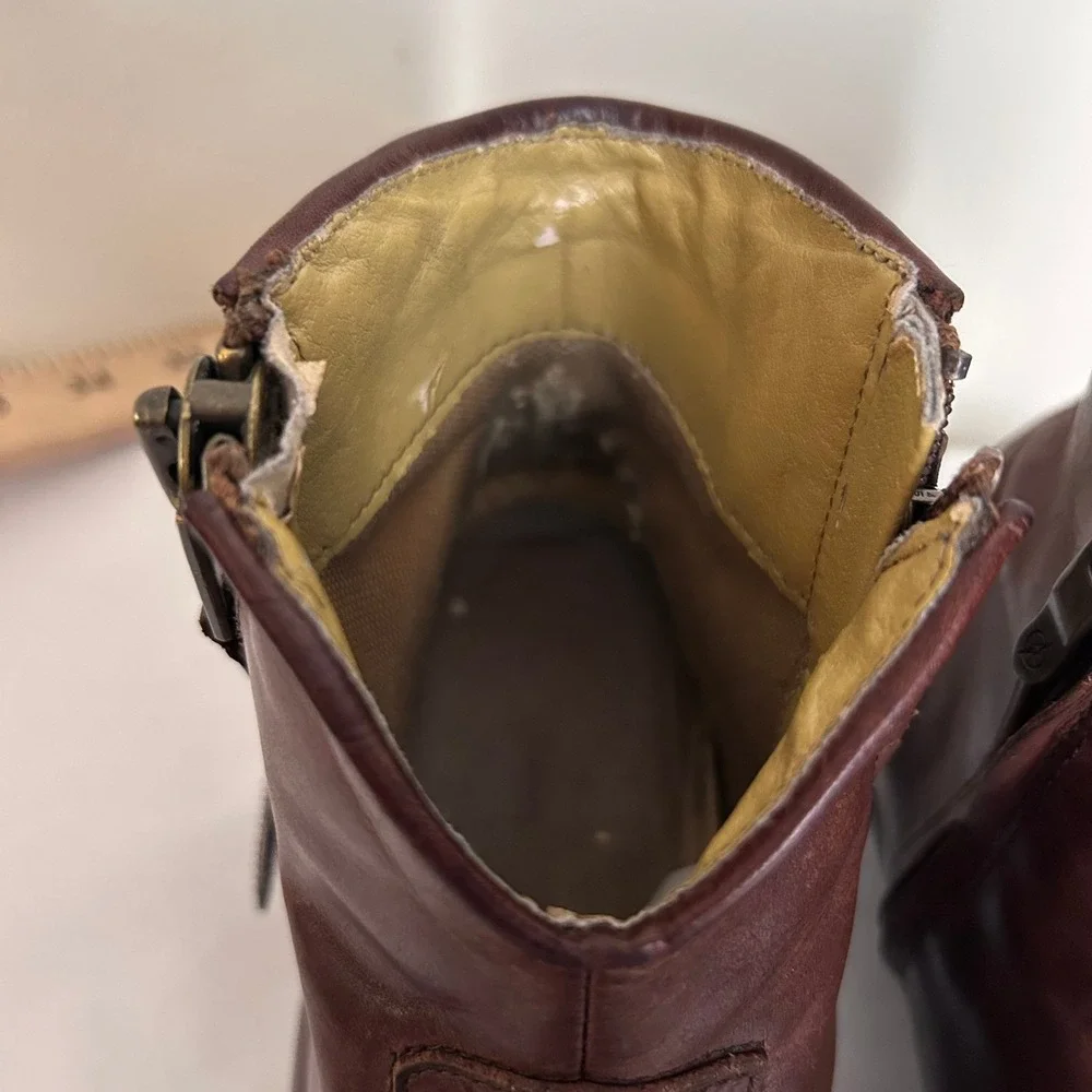 BUSSOLA Brown Leather Ankle Boots Western‎ Style Side Zip Block Heel 38